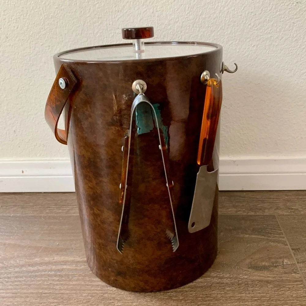Vintage Mid Century Modern Bar Georges Briard Tortoise Shell Vinyl Ice Bucket